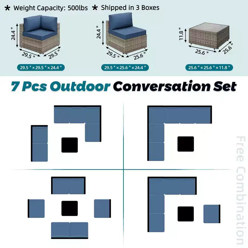 Celebalcony Canapé sectionnel d'extérieur 7 pièces, ensemble de conversation en rotin PE avec coussins lavables et table basse en verre