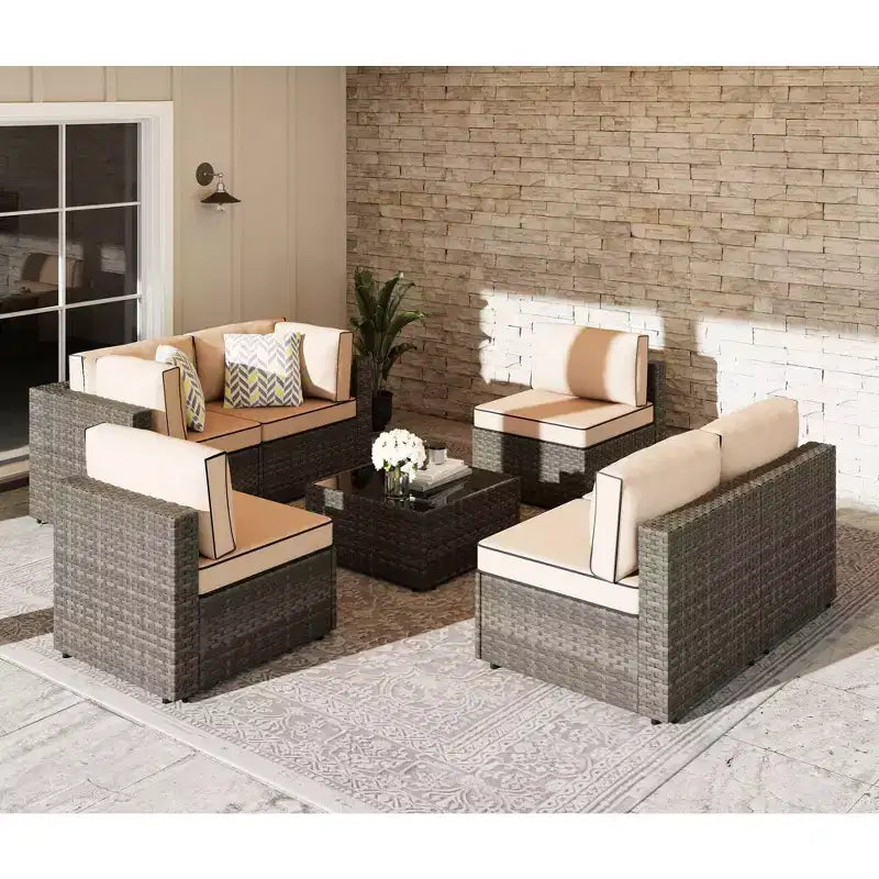 Celebalcony Canapé sectionnel d'extérieur 7 pièces, ensemble de conversation en rotin PE avec coussins lavables et table basse en verre