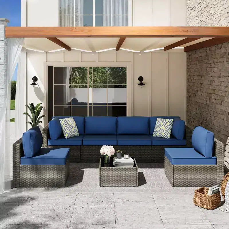 Celebalcony 7 Pieces Outdoor Patio Sectional Sofa Couch, PE Wicker Furniture Conversation Sets with Washable Cushions & Glass Coffee Table
