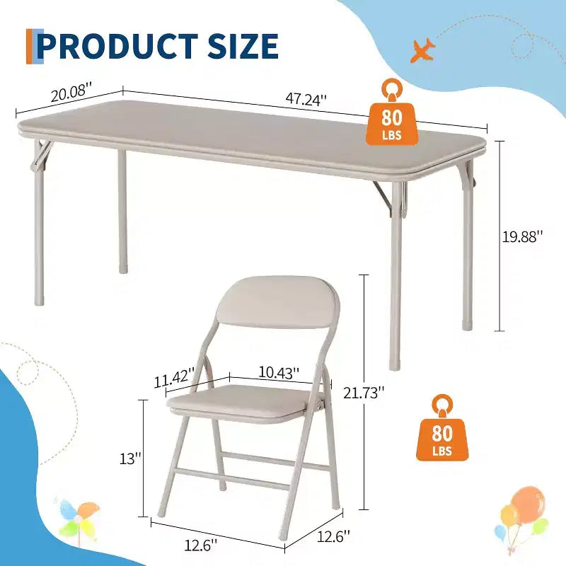 Kids Folding Table and Chairs Set of 3, Portable Table & Chair with PU Soft Cushion, for Daycare and Classrooms, Kid's Activity Table & Chairs Set