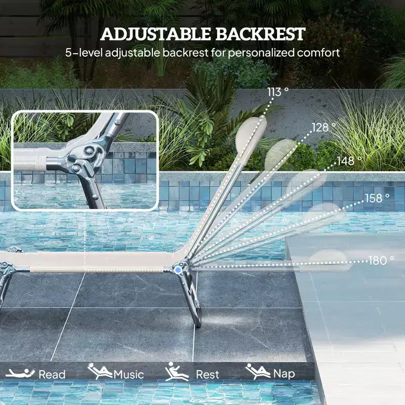 Lot de 2 chaises longues pliantes, transats de piscine avec dossier inclinable, assise en maille respirante, appuie-tête pour la plage, le patio