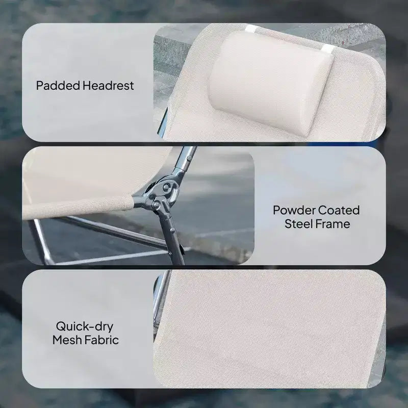 Lot de 2 chaises longues pliantes, transats de piscine avec dossier inclinable, assise en maille respirante, appuie-tête pour la plage, le patio