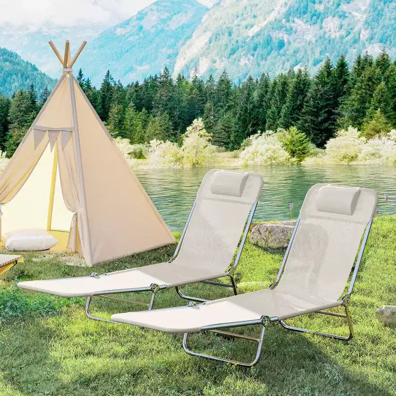 Lot de 2 chaises longues pliantes, transats de piscine avec dossier inclinable, assise en maille respirante, appuie-tête pour la plage, le patio