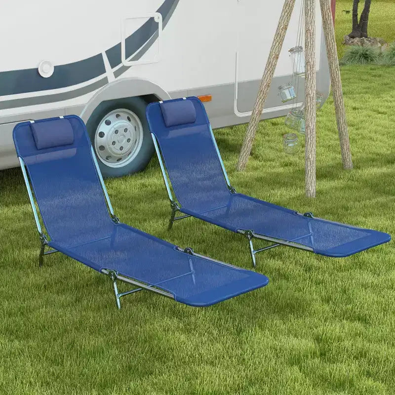 Lot de 2 chaises longues pliantes, transats de piscine avec dossier inclinable, assise en maille respirante, appuie-tête pour la plage, le patio