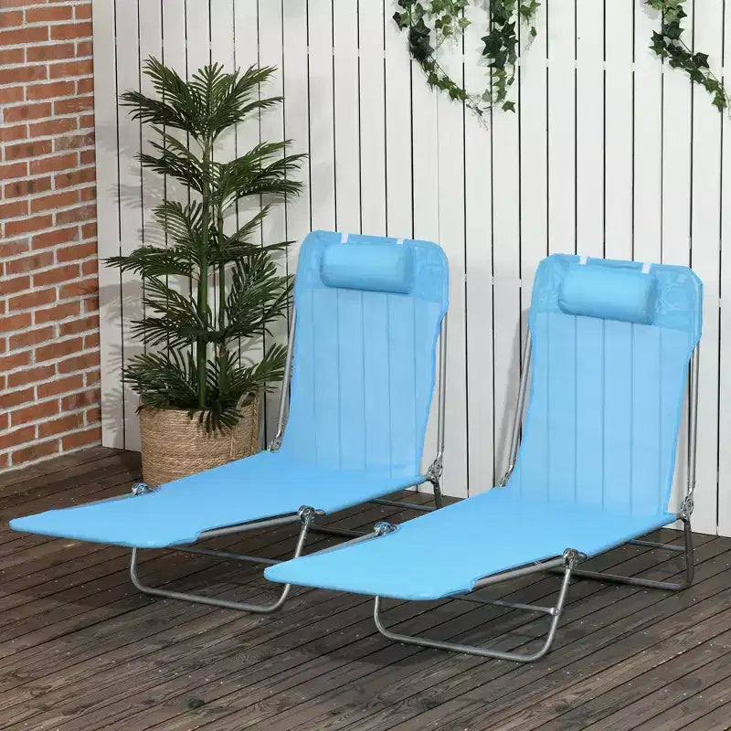 Lot de 2 chaises longues pliantes, transats de piscine avec dossier inclinable, assise en maille respirante, appuie-tête pour la plage, le patio