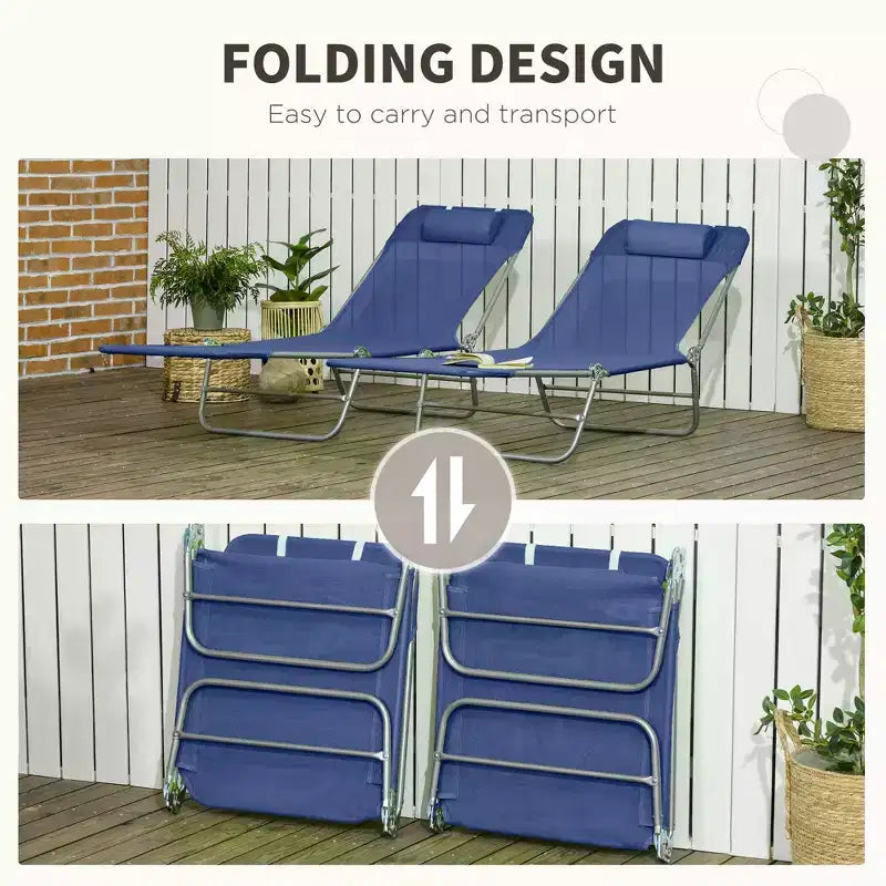 Lot de 2 chaises longues pliantes, transats de piscine avec dossier inclinable, assise en maille respirante, appuie-tête pour la plage, le patio