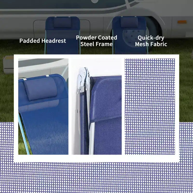 Lot de 2 chaises longues pliantes, transats de piscine avec dossier inclinable, assise en maille respirante, appuie-tête pour la plage, le patio