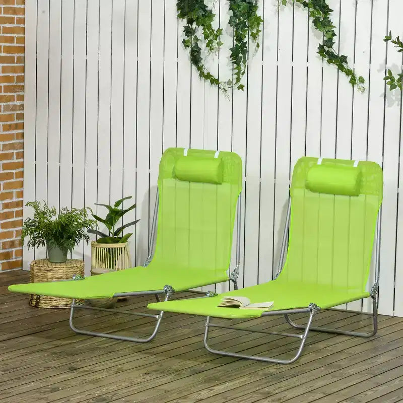 Lot de 2 chaises longues pliantes, transats de piscine avec dossier inclinable, assise en maille respirante, appuie-tête pour la plage, le patio
