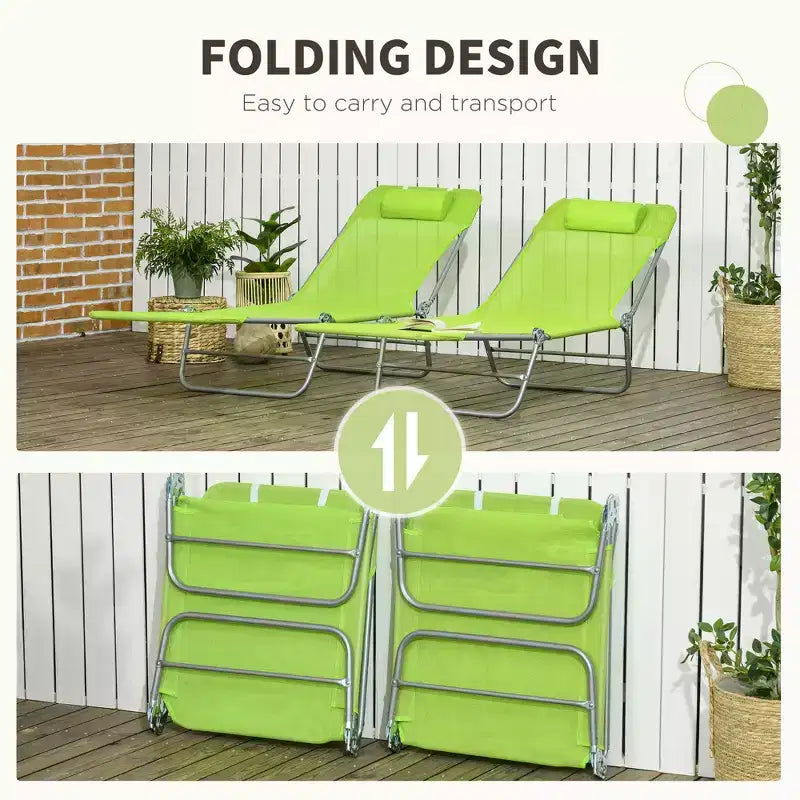 Lot de 2 chaises longues pliantes, transats de piscine avec dossier inclinable, assise en maille respirante, appuie-tête pour la plage, le patio