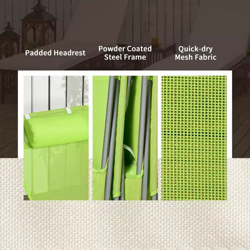 Lot de 2 chaises longues pliantes, transats de piscine avec dossier inclinable, assise en maille respirante, appuie-tête pour la plage, le patio