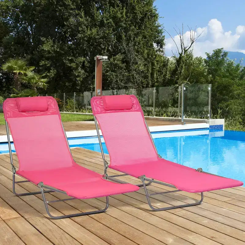 Lot de 2 chaises longues pliantes, transats de piscine avec dossier inclinable, assise en maille respirante, appuie-tête pour la plage, le patio