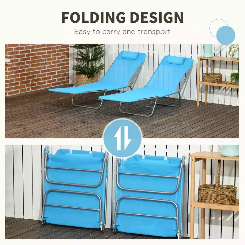 Lot de 2 chaises longues pliantes, transats de piscine avec dossier inclinable, assise en maille respirante, appuie-tête pour la plage, le patio