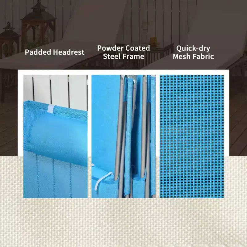 Lot de 2 chaises longues pliantes, transats de piscine avec dossier inclinable, assise en maille respirante, appuie-tête pour la plage, le patio