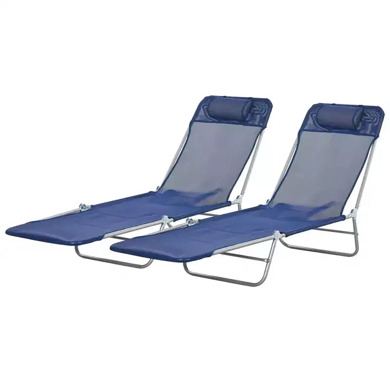Lot de 2 chaises longues pliantes, transats de piscine avec dossier inclinable, assise en maille respirante, appuie-tête pour la plage, le patio