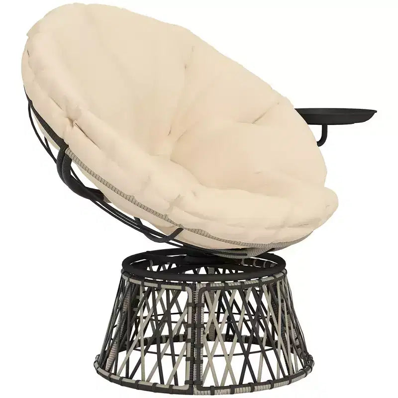 360 Degree Swivel Outdoor Papasan Chair, 39 Overstuffed Circle Chair with Side Tray, Thick Cushion for Indoor Patio