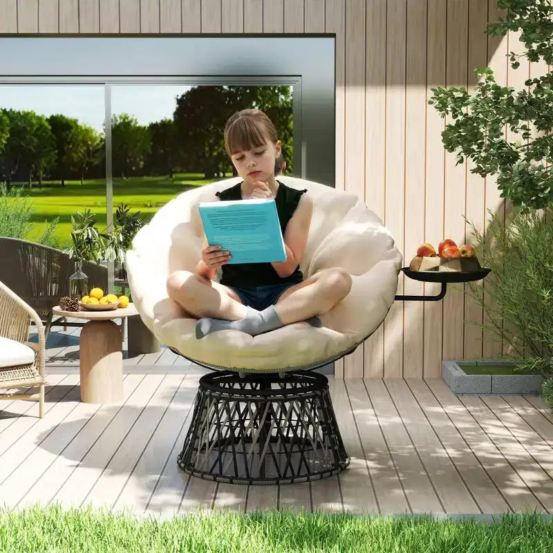 Chaise de jardin pivotante Papasan à 360 degrés, fauteuil rond surdimensionné de 99 cm avec plateau latéral, coussin épais pour terrasse intérieure