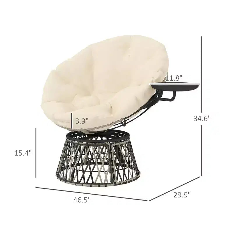 Chaise de jardin pivotante Papasan à 360 degrés, fauteuil rond surdimensionné de 99 cm avec plateau latéral, coussin épais pour terrasse intérieure