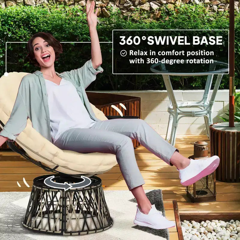 Chaise de jardin pivotante Papasan à 360 degrés, fauteuil rond surdimensionné de 99 cm avec plateau latéral, coussin épais pour terrasse intérieure