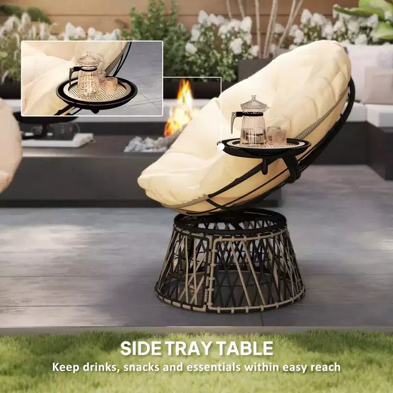 Chaise de jardin pivotante Papasan à 360 degrés, fauteuil rond surdimensionné de 99 cm avec plateau latéral, coussin épais pour terrasse intérieure