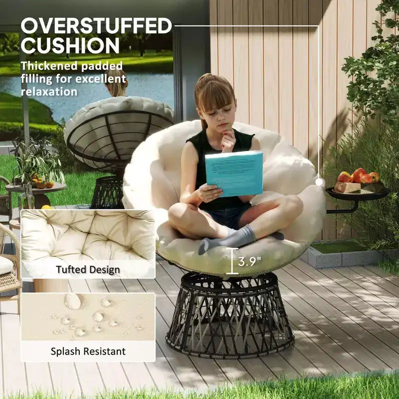 Chaise de jardin pivotante Papasan à 360 degrés, fauteuil rond surdimensionné de 99 cm avec plateau latéral, coussin épais pour terrasse intérieure