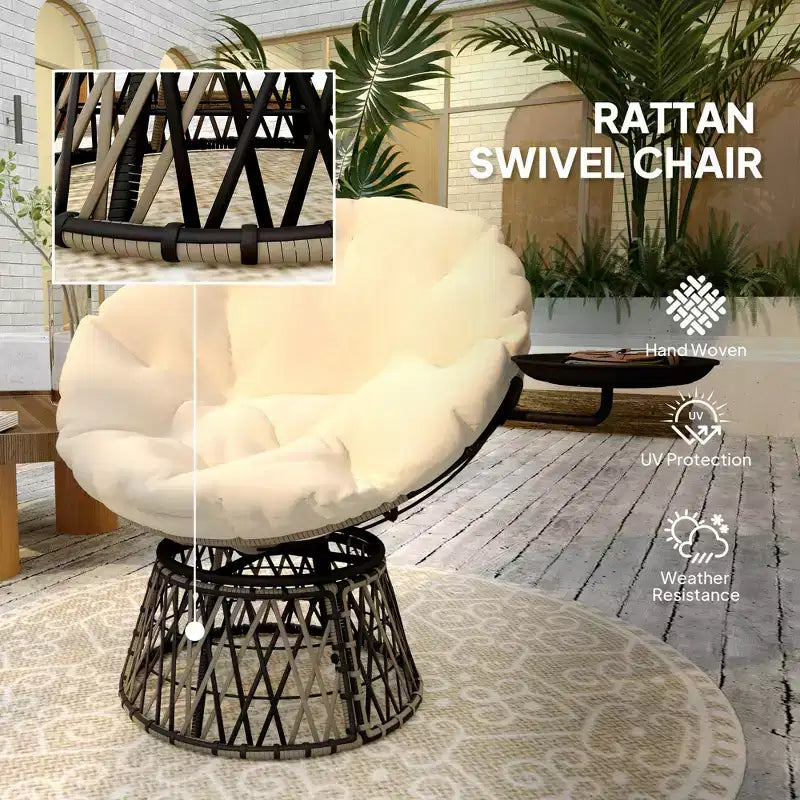 Chaise de jardin pivotante Papasan à 360 degrés, fauteuil rond surdimensionné de 99 cm avec plateau latéral, coussin épais pour terrasse intérieure