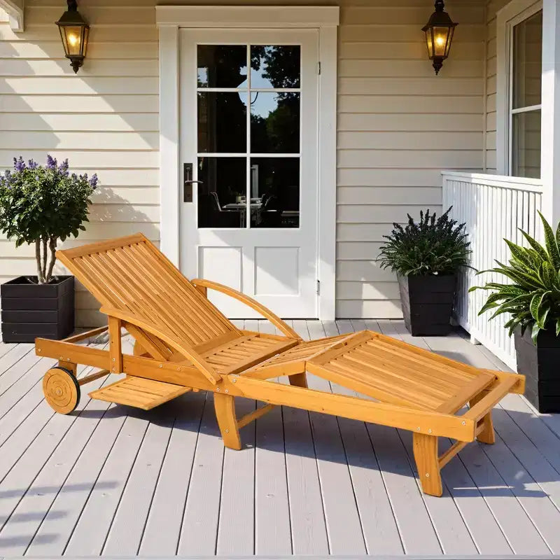 Chaise longue pliante, chaise longue de bronzage réglable sur 4 niveaux avec roues, transat de patio en bois d'acacia pour la plage