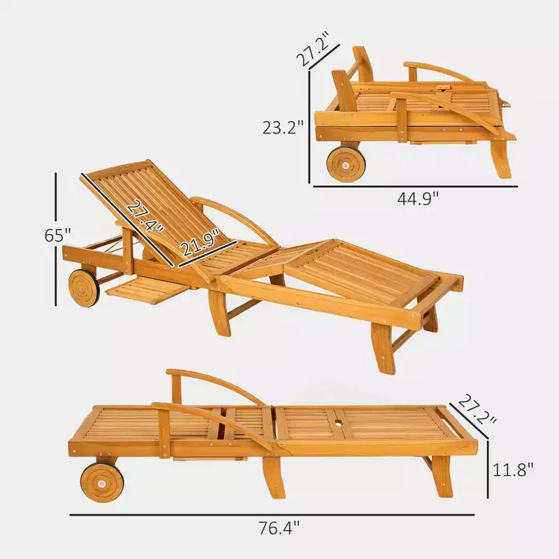 Chaise longue pliante, chaise longue de bronzage réglable sur 4 niveaux avec roues, transat de patio en bois d'acacia pour la plage
