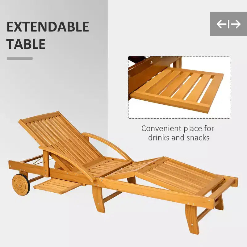 Chaise longue pliante, chaise longue de bronzage réglable sur 4 niveaux avec roues, transat de patio en bois d'acacia pour la plage