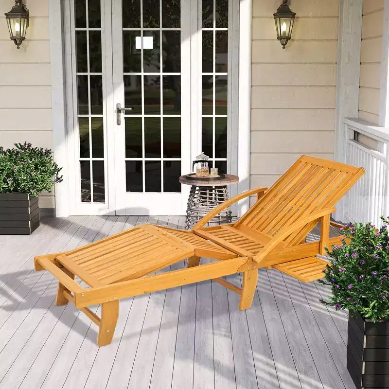 Chaise longue pliante, chaise longue de bronzage réglable sur 4 niveaux avec roues, transat de patio en bois d'acacia pour la plage