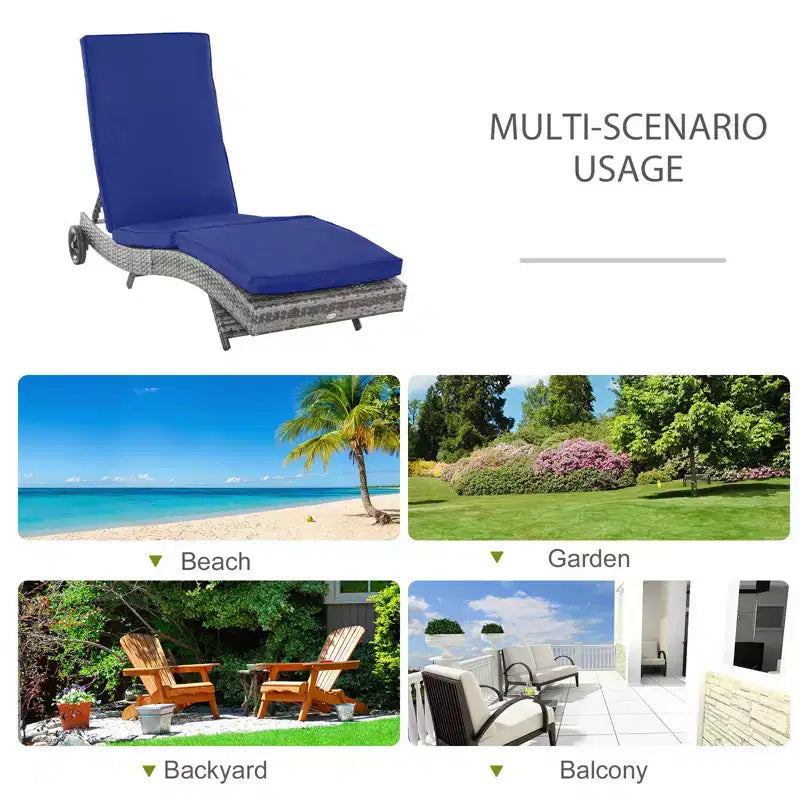 Chaise longue de patio en osier, transat d'extérieur en rotin PE avec dossier réglable et 2 roues