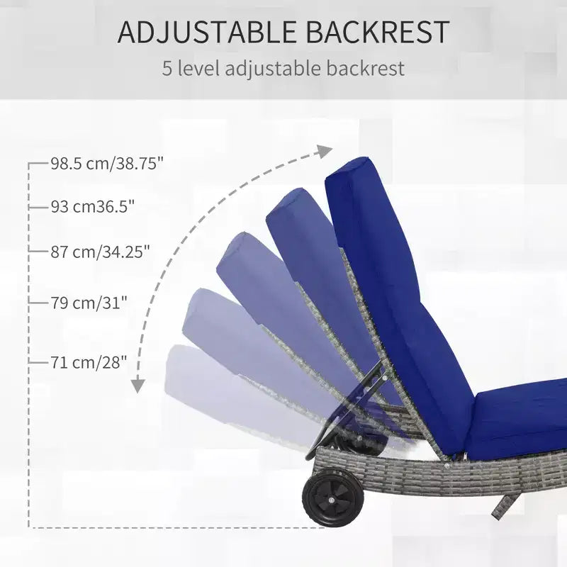 Chaise longue de patio en osier, transat d'extérieur en rotin PE avec dossier réglable et 2 roues