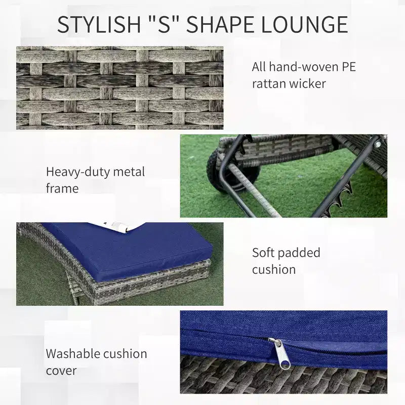 Chaise longue de patio en osier, transat d'extérieur en rotin PE avec dossier réglable et 2 roues