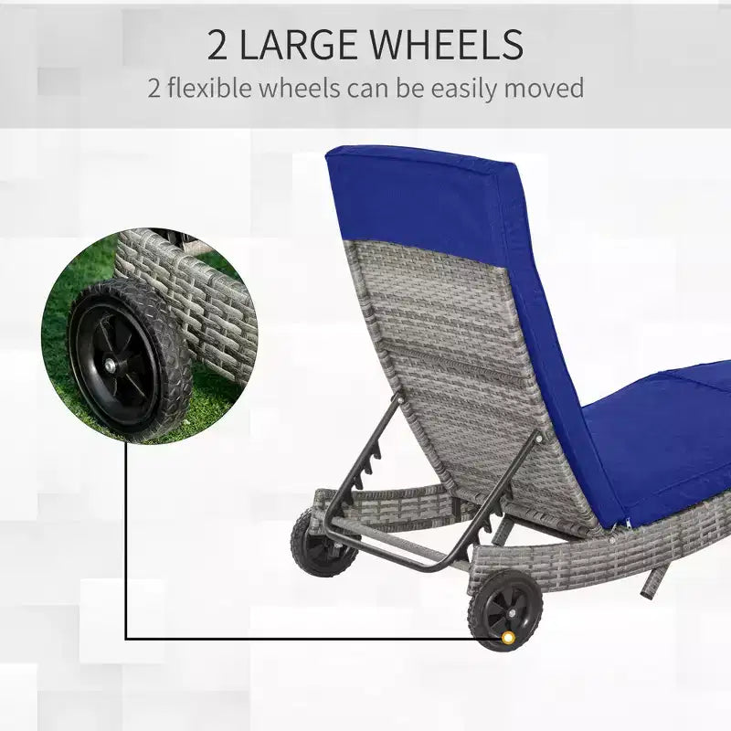 Chaise longue de patio en osier, transat d'extérieur en rotin PE avec dossier réglable et 2 roues