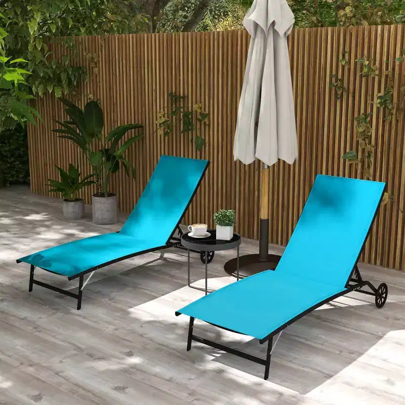 Chaise longue d'extérieur, chaise longue 2 pièces avec roulettes, 5 positions réglables pour patio, plage, piscine