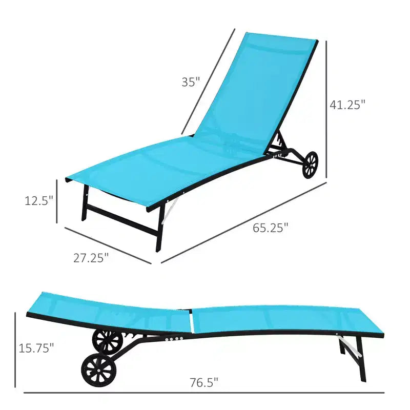 Chaise longue d'extérieur, chaise longue 2 pièces avec roulettes, 5 positions réglables pour patio, plage, piscine