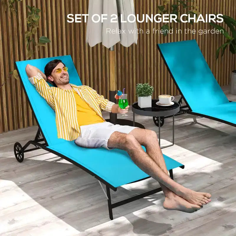 Chaise longue d'extérieur, chaise longue 2 pièces avec roulettes, 5 positions réglables pour patio, plage, piscine