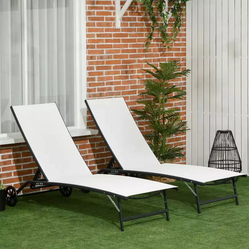 Chaise longue d'extérieur, chaise longue 2 pièces avec roulettes, 5 positions réglables pour patio, plage, piscine
