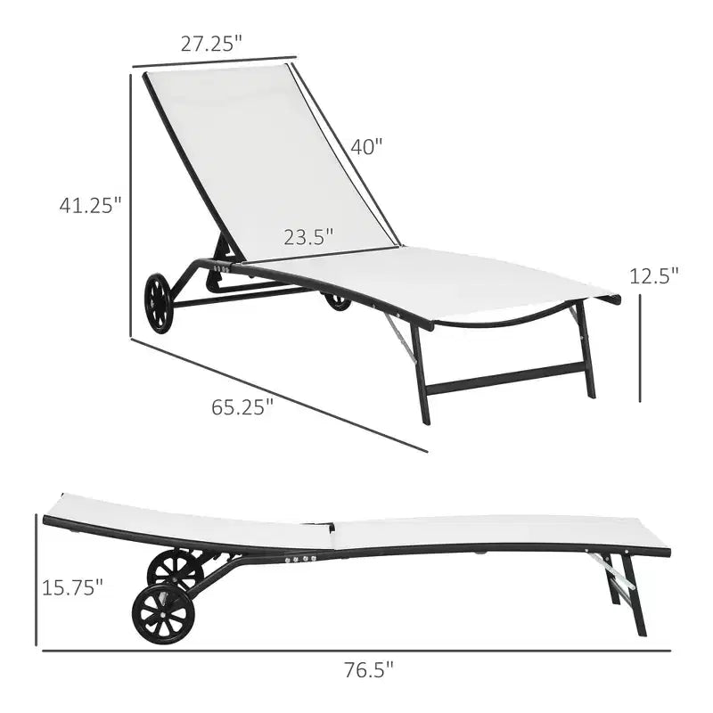 Chaise longue d'extérieur, chaise longue 2 pièces avec roulettes, 5 positions réglables pour patio, plage, piscine