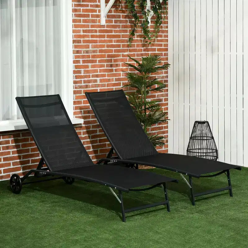 Chaise longue d'extérieur, chaise longue 2 pièces avec roulettes, 5 positions réglables pour patio, plage, piscine