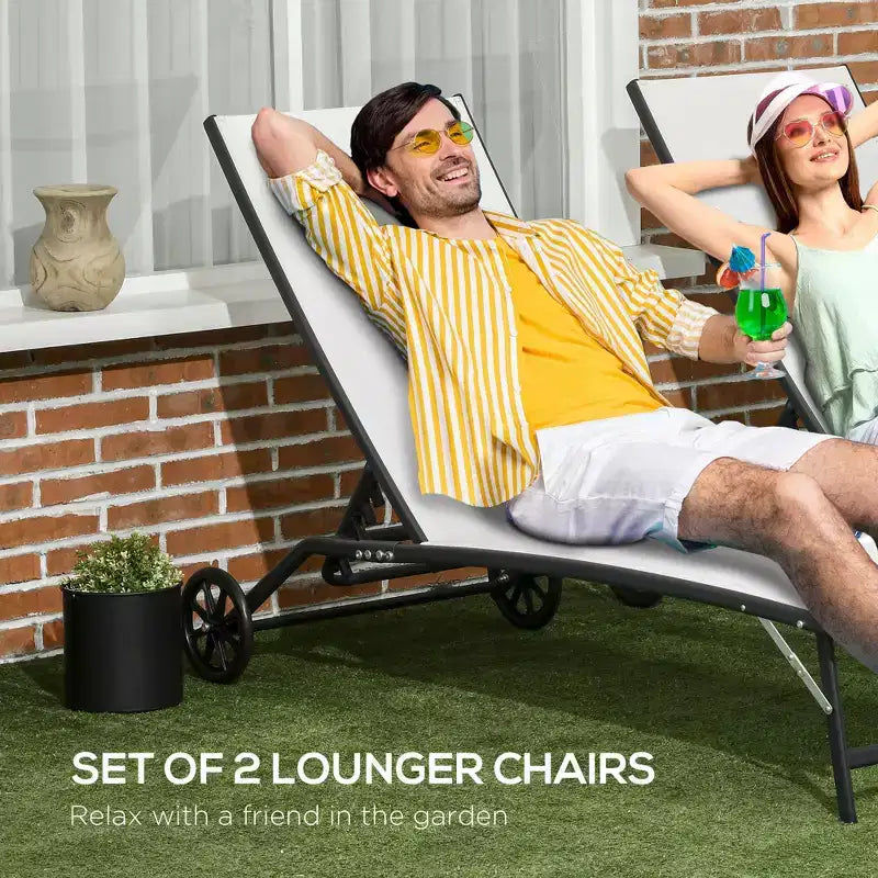 Chaise longue d'extérieur, chaise longue 2 pièces avec roulettes, 5 positions réglables pour patio, plage, piscine