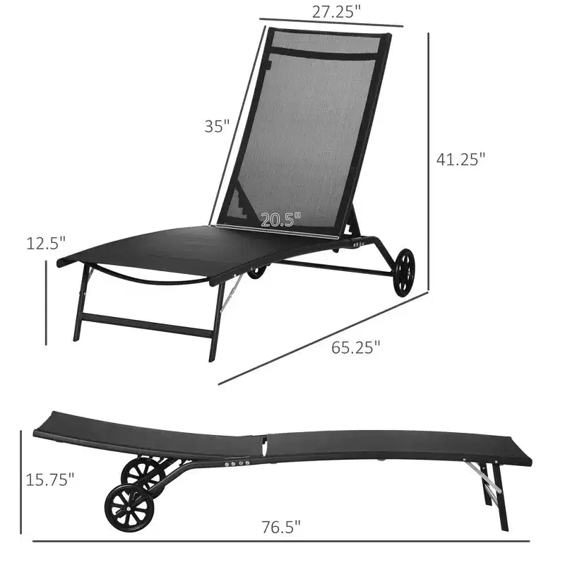 Chaise longue d'extérieur, chaise longue 2 pièces avec roulettes, 5 positions réglables pour patio, plage, piscine
