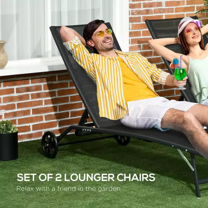 Chaise longue d'extérieur, chaise longue 2 pièces avec roulettes, 5 positions réglables pour patio, plage, piscine