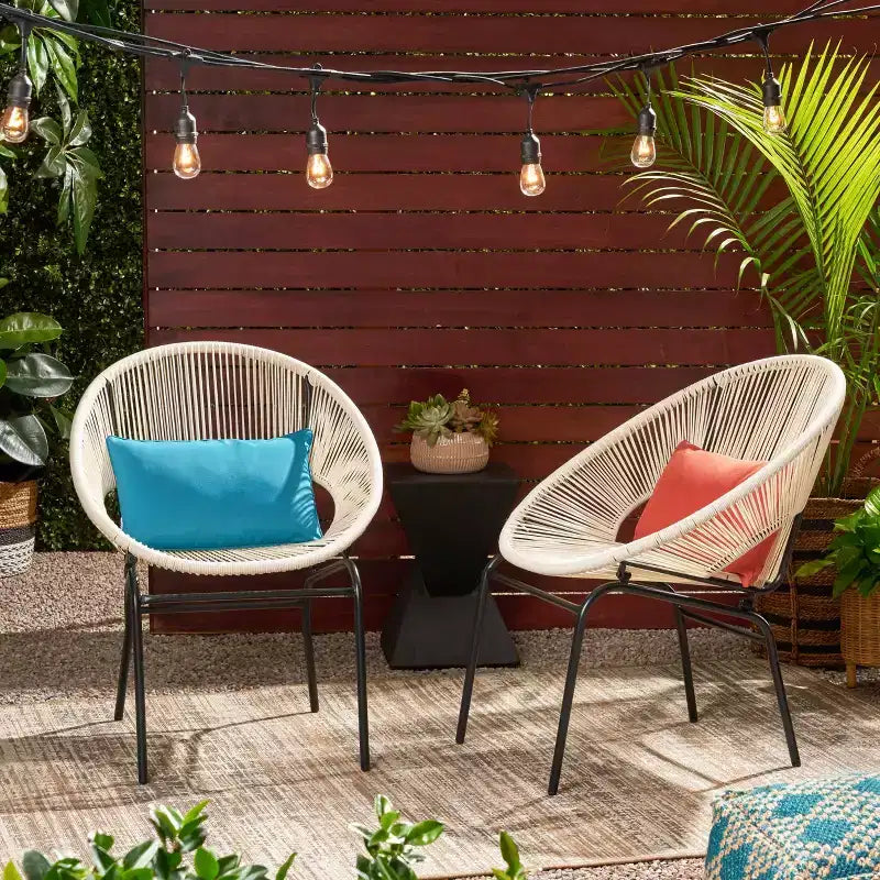 Lot de 2 chaises d'extérieur Okak avec assise et dossier en cordage, chaises de porche à cadre en métal au design moderne, chaise de patio pour le jardin