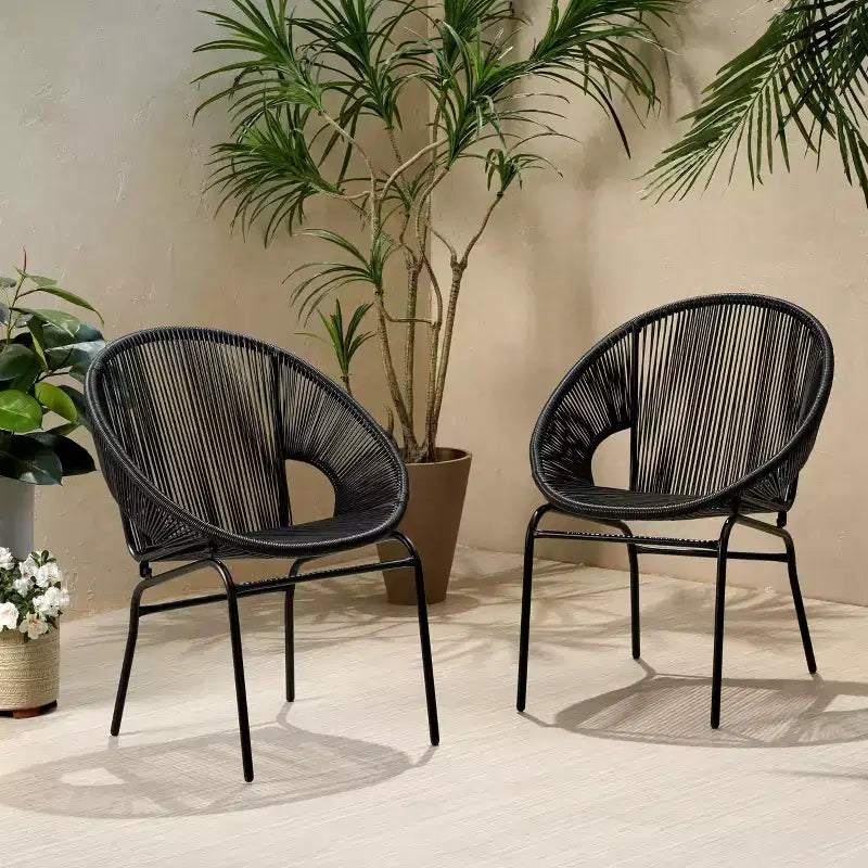 Lot de 2 chaises d'extérieur Okak avec assise et dossier en cordage, chaises de porche à cadre en métal au design moderne, chaise de patio pour le jardin