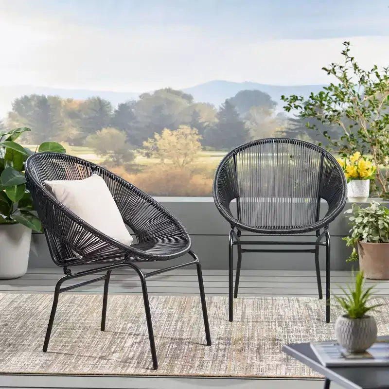 Lot de 2 chaises d'extérieur Okak avec assise et dossier en cordage, chaises de porche à cadre en métal au design moderne, chaise de patio pour le jardin