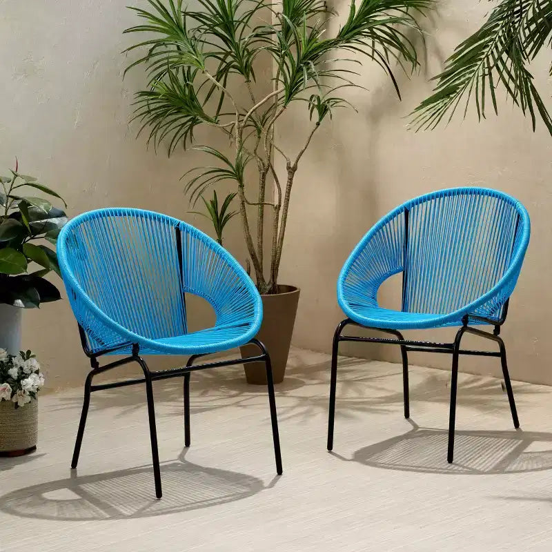 Lot de 2 chaises d'extérieur Okak avec assise et dossier en cordage, chaises de porche à cadre en métal au design moderne, chaise de patio pour le jardin