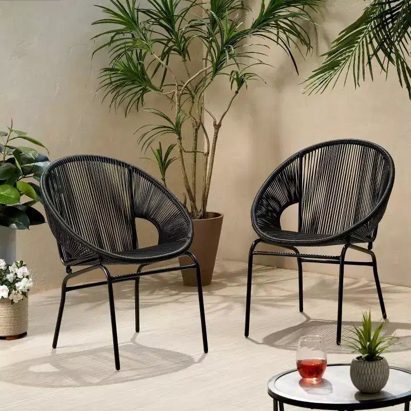 Lot de 2 chaises d'extérieur Okak avec assise et dossier en cordage, chaises de porche à cadre en métal au design moderne, chaise de patio pour le jardin