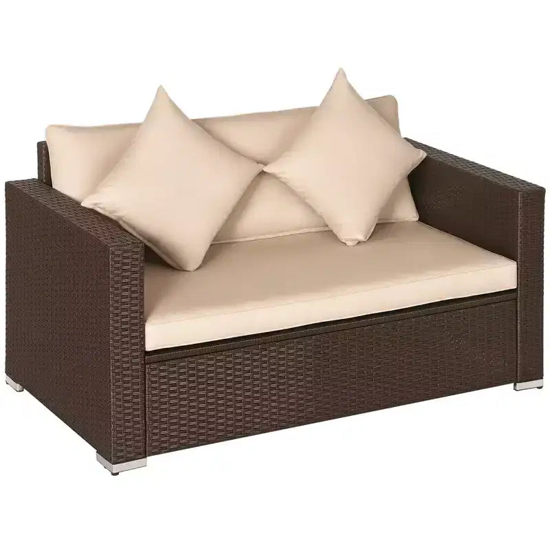 Outdoor Wicker Loveseat, Patio Furniture Couch with Cushions, 2 Seats PE Rattan Sofa, 2 Throw Pillows