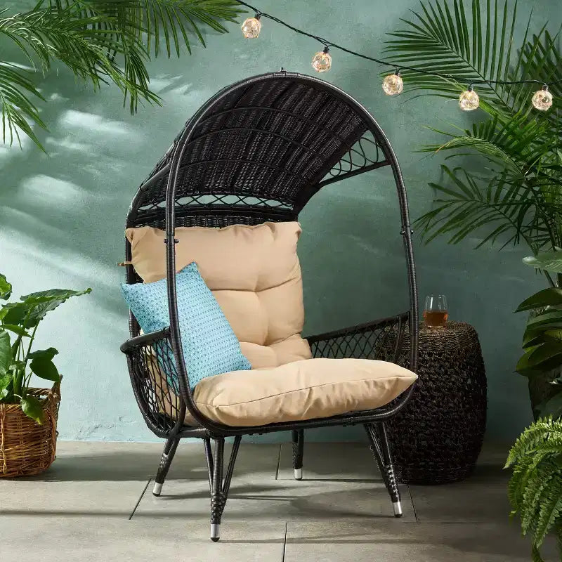 Chaise d'extérieur œuf Okak avec coussins, fauteuil d'appoint de terrasse avec accoudoirs et auvent d'ombrage, chaises de porche pour jardin, cour, balcon, marron