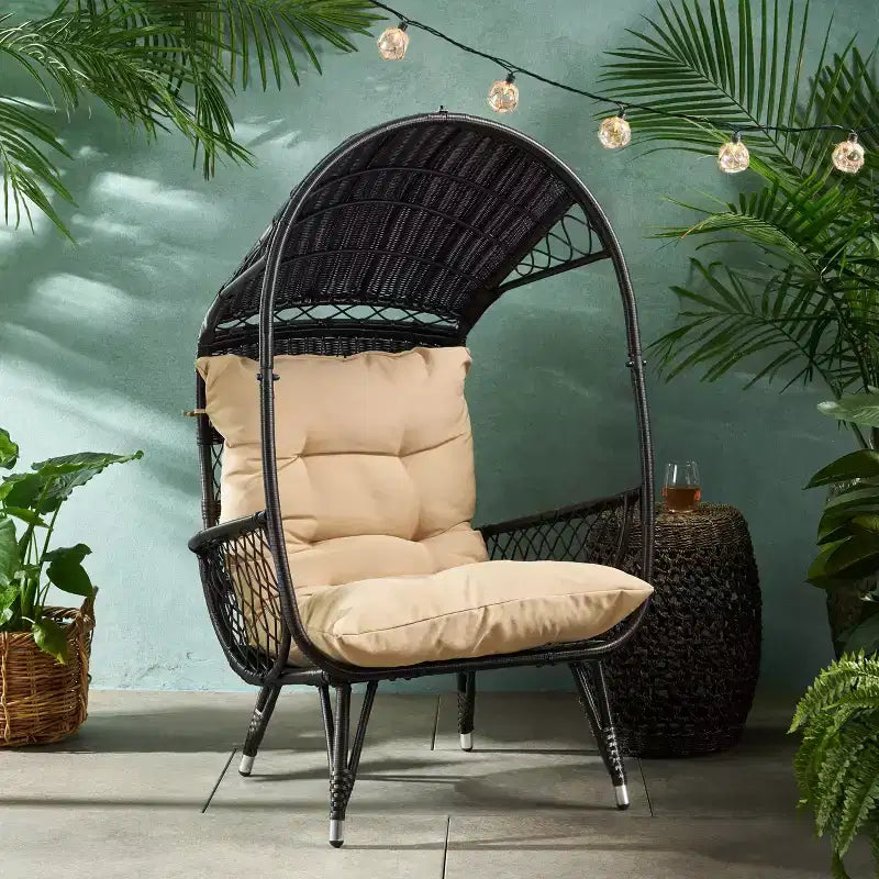 Chaise d'extérieur œuf Okak avec coussins, fauteuil d'appoint de terrasse avec accoudoirs et auvent d'ombrage, chaises de porche pour jardin, cour, balcon, marron